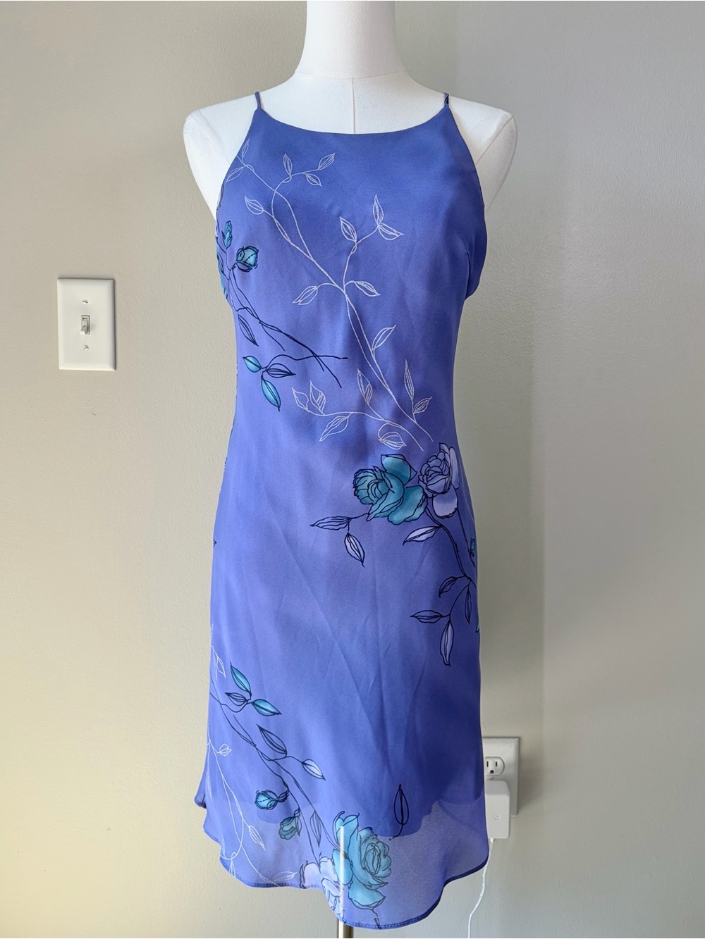 Vintage Steppin’ Out Perriwinkle Purple Floral Chiffon Overlay Halter Neck Dress